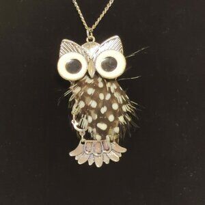 Charming Charlie Owl Pendant Necklace Faux Feather Chain 28"-30" Adjustable